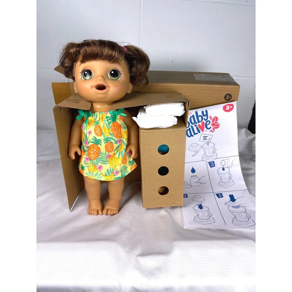 Baby Alive Magical Mixer Baby Doll Tropical Fruit Dress Brown Hair E6944 Hasbro